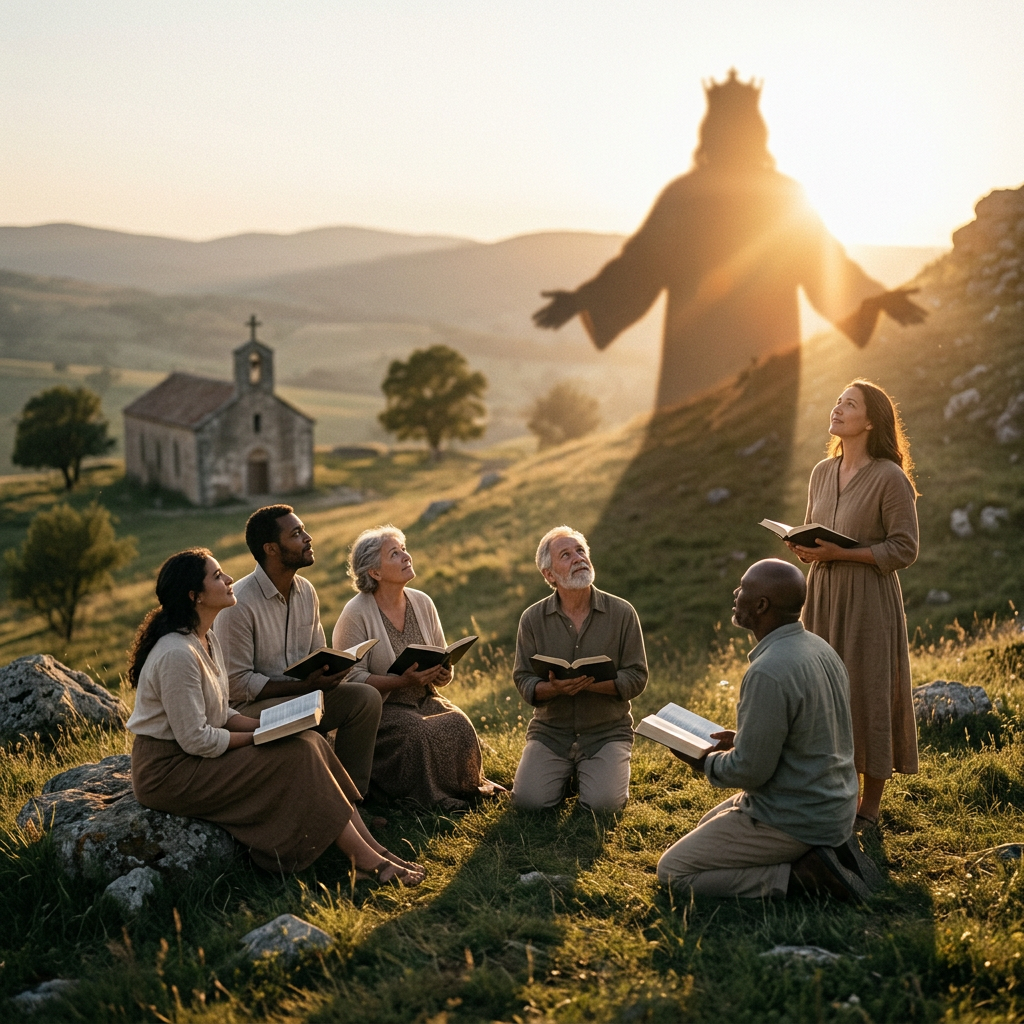 Group of six people holding books praying outdoors with shadow of crowned divine figure