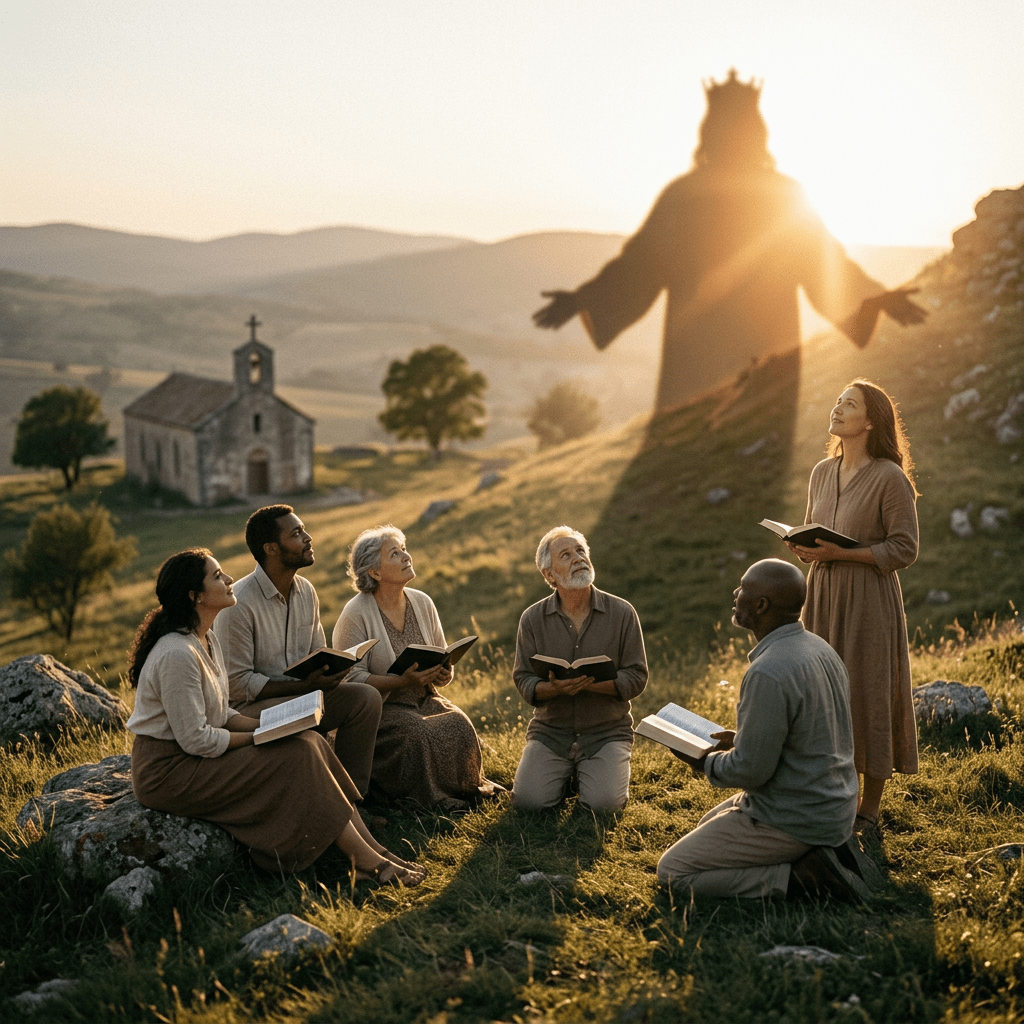 Group of six people holding books praying outdoors with shadow of crowned divine figure