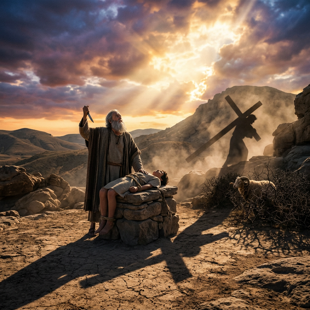 An elderly man holding a knife stands over a tied boy on a stone altar with a shadow of a person carrying a cross in the background