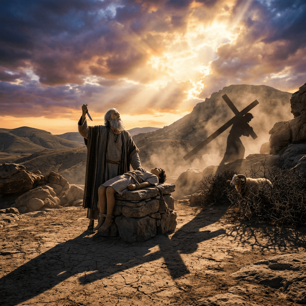 An elderly man holding a knife stands over a tied boy on a stone altar with a shadow of a person carrying a cross in the background
