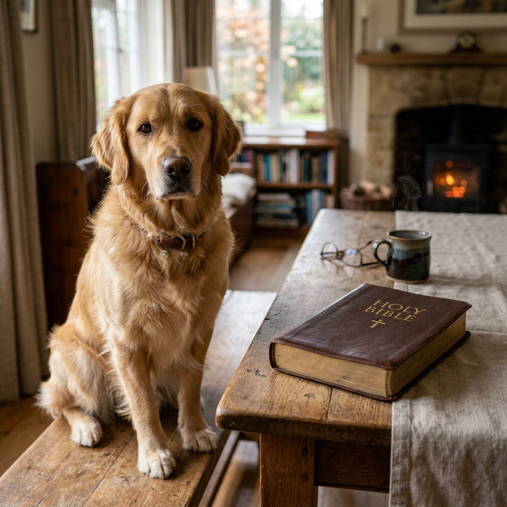 Golden retriever sitting on a bench next to a wooden table with a Bible, glasses, and a steaming mug