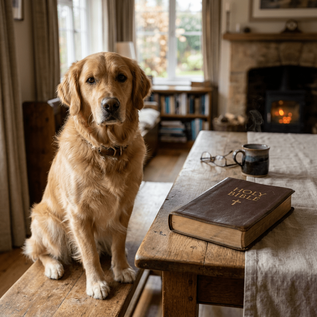Golden retriever sitting on a bench next to a wooden table with a Bible, glasses, and a steaming mug