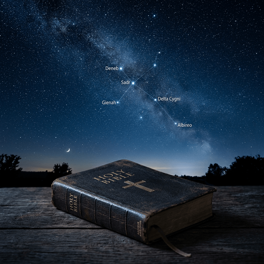 Leather-bound Holy Bible on wooden surface with Cygnus constellation labeled in starry night sky
