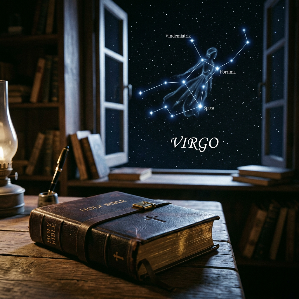 Virgo constellation with star names Vindemiatrix, Porrima, and Spica in a night sky seen through an open window