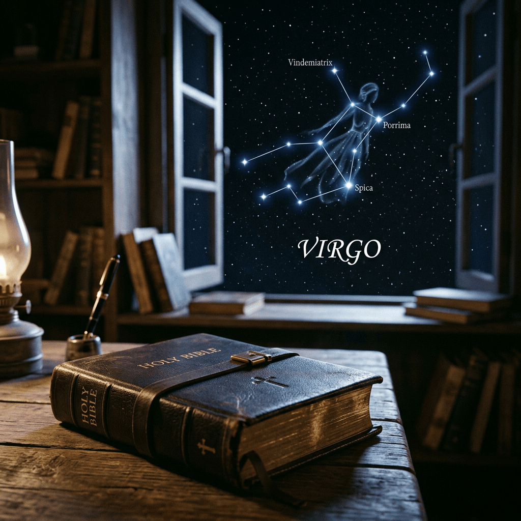 Virgo constellation with star names Vindemiatrix, Porrima, and Spica in a night sky seen through an open window