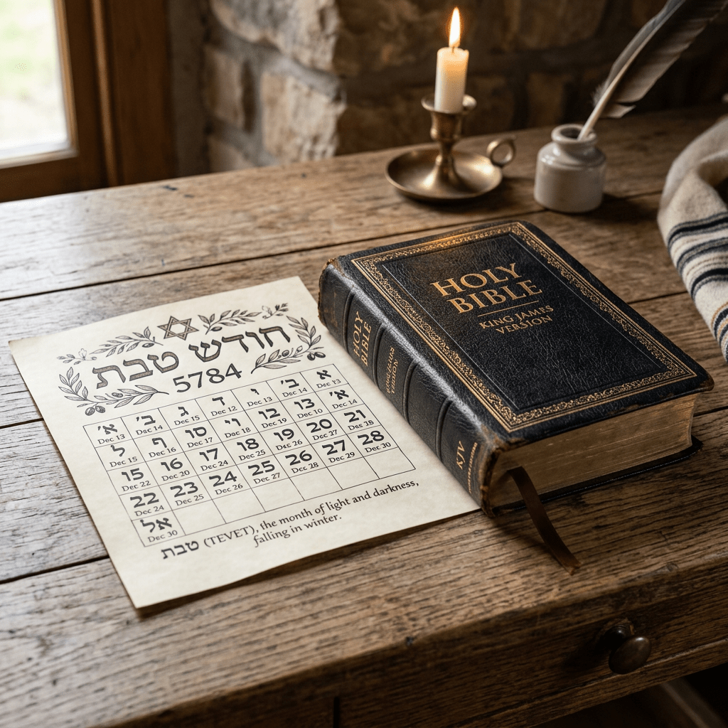 King James Bible and Hebrew calendar on wooden table with candle and quill
