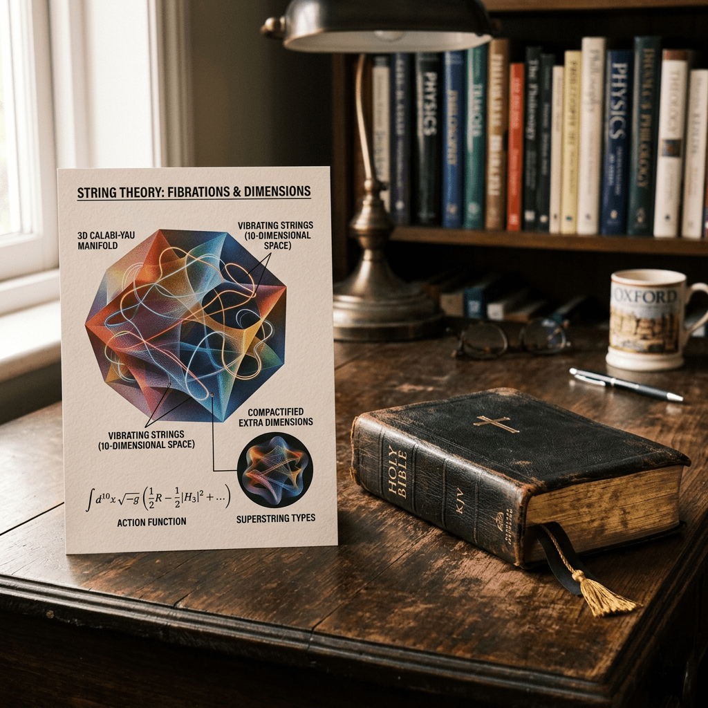 Diagram of string theory with a colorful 3D Calabi-Yau manifold illustration beside an old leather-bound Holy Bible on wooden desk