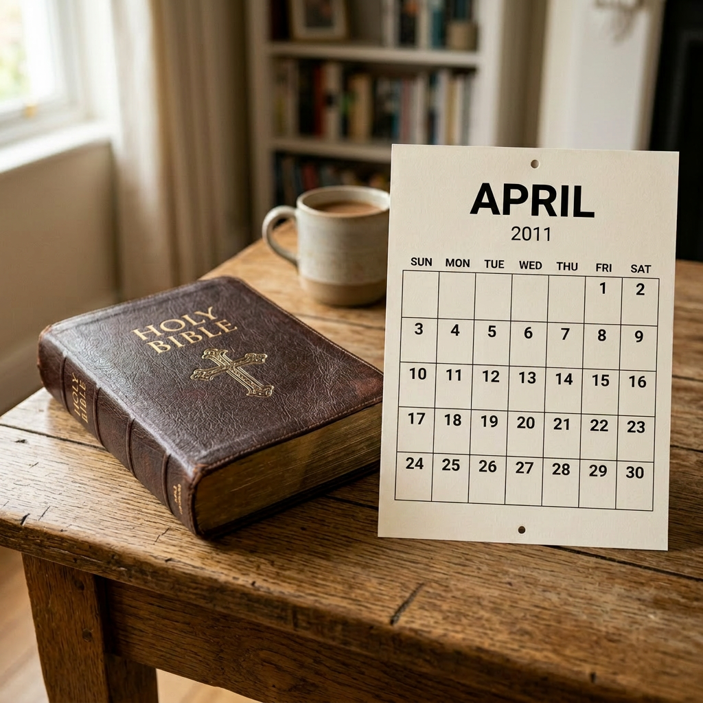 Calendar page for April 2024 with Bible Study on April 17 at 7 pm and Sunday Service on April 21 at 10 am marked in red circles next to a Holy Bible and coffee cup on a wooden table