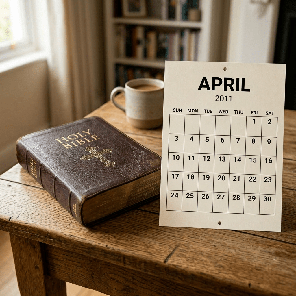 Calendar page for April 2024 with Bible Study on April 17 at 7 pm and Sunday Service on April 21 at 10 am marked in red circles next to a Holy Bible and coffee cup on a wooden table