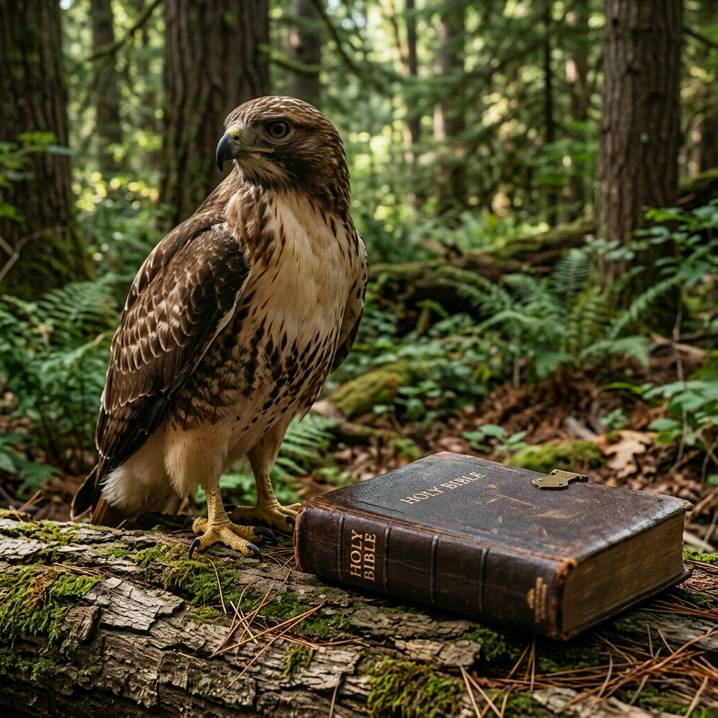 Red-tailed hawk standing on a mossy log beside a worn Holy Bible