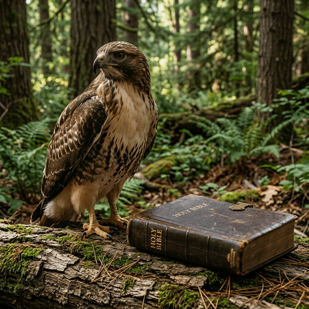Red-tailed hawk standing on a mossy log beside a worn Holy Bible