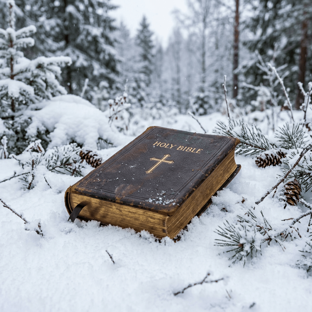 Old Holy Bible with gold cross and title lying on snow with pine needles and cones
