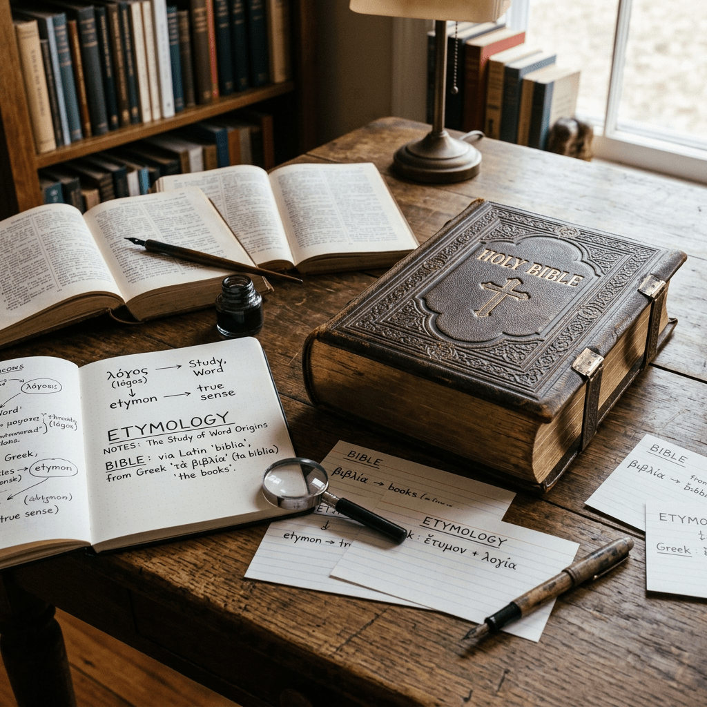Open book and notes explaining the etymology of the word Bible beside an ornate Holy Bible on a wooden desk