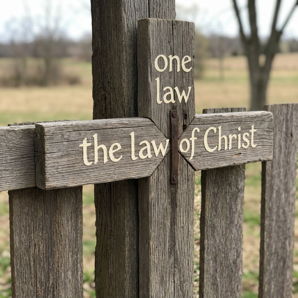 Wooden sign with text 'one law the law of Christ' in beige paint