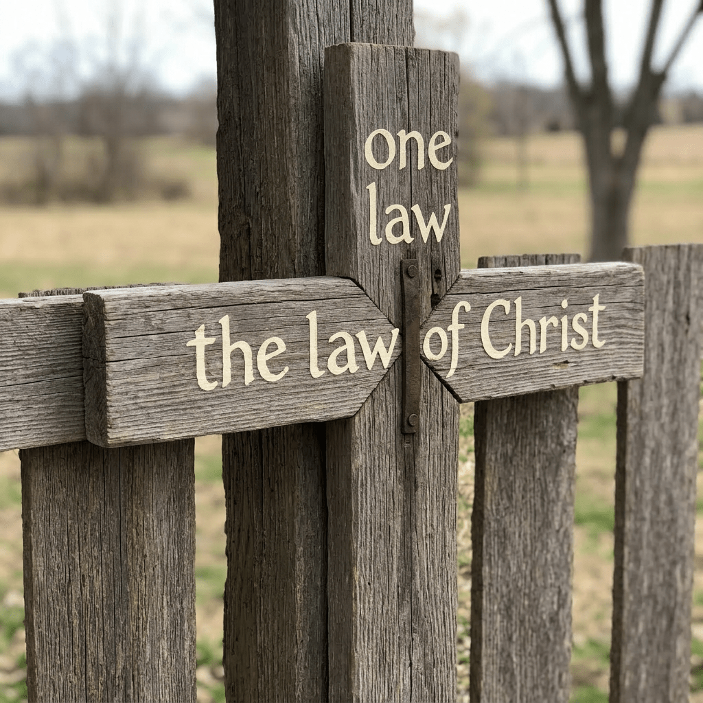 Wooden sign with text 'one law the law of Christ' in beige paint