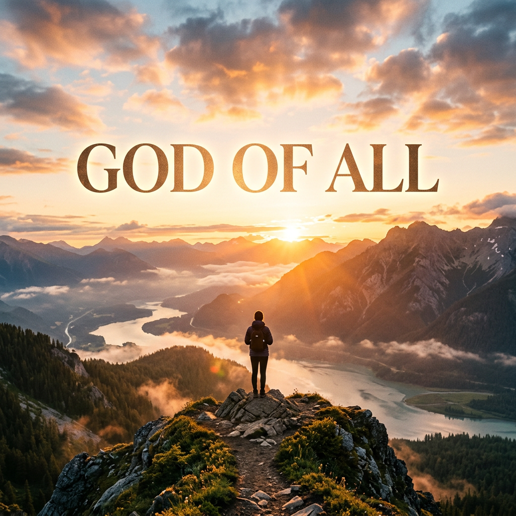 Person standing on mountain peak at sunrise overlooking valley and river with text 'GOD OF ALL'
