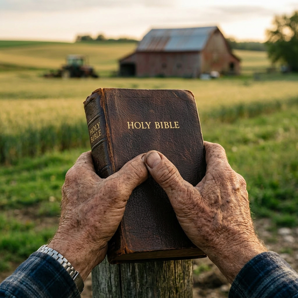 Elderly hands holding a worn Holy Bible outdoors near a farm