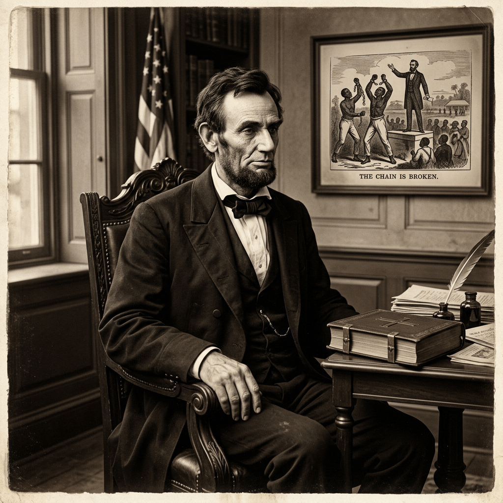 Abraham Lincoln sitting at a desk with a book and quill, with a framed abolitionist illustration behind