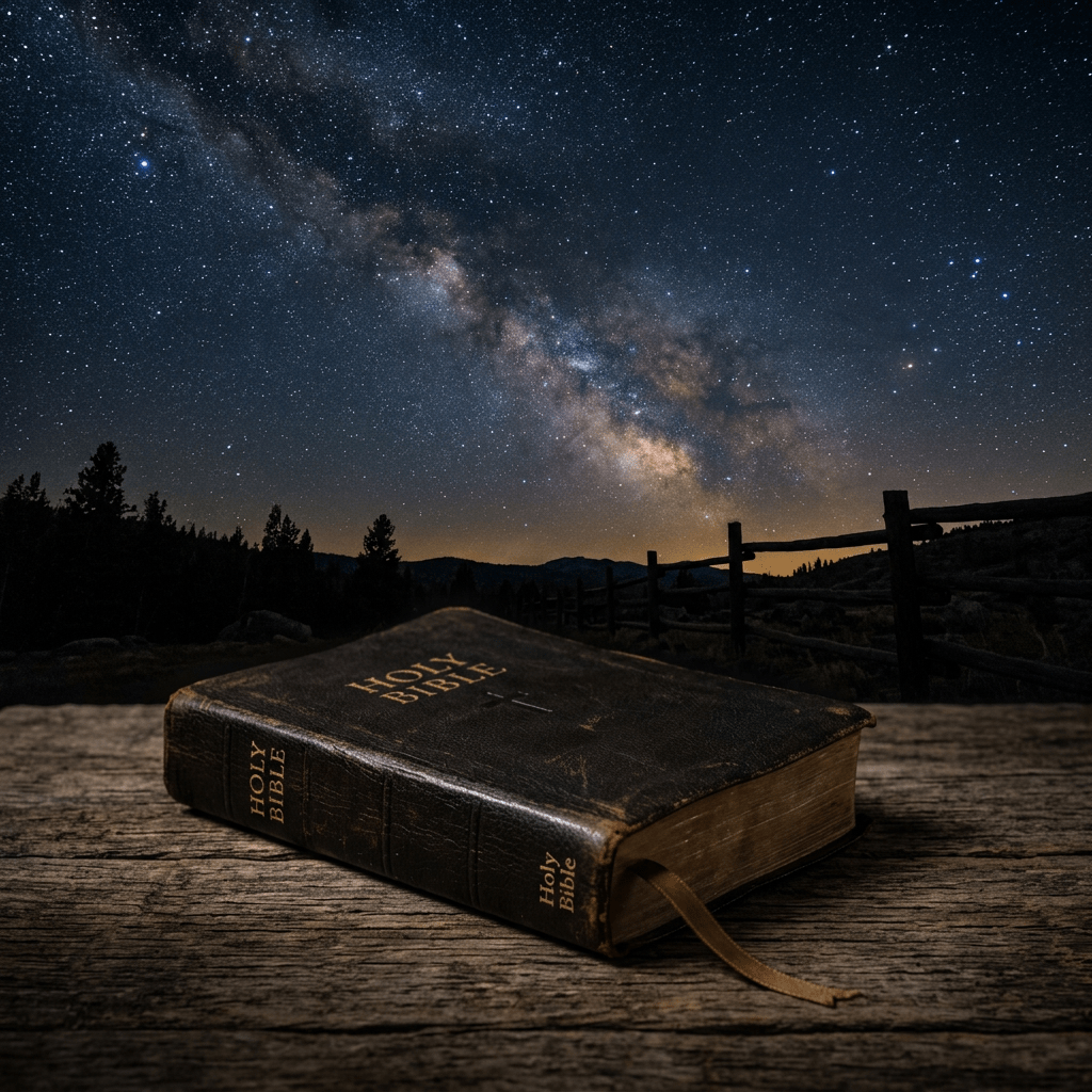 Worn Holy Bible lying on wooden table under a night sky filled with stars and the Milky Way galaxy