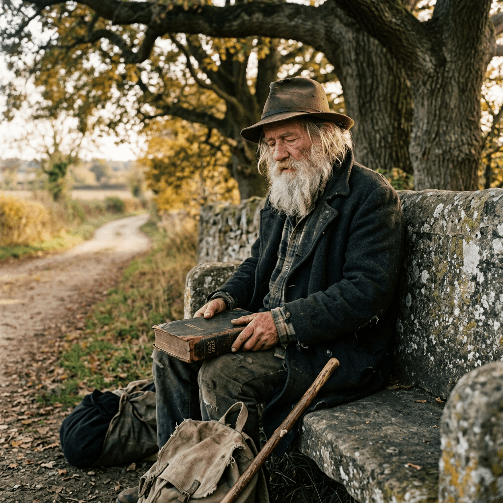 Hobo wayfaring stranger long white beard closed Bible
