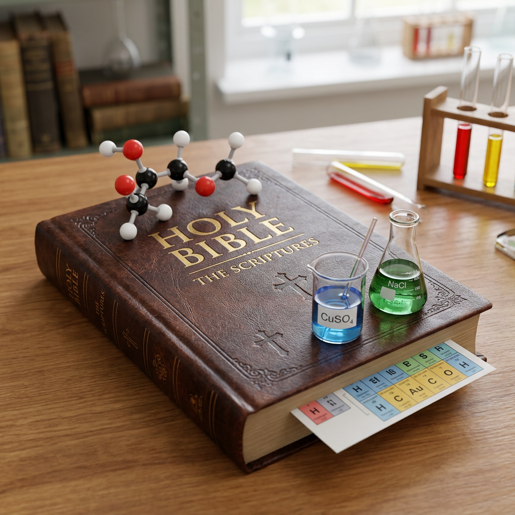 Holy Bible with chemistry beakers, molecular model, and periodic table card on a wooden table