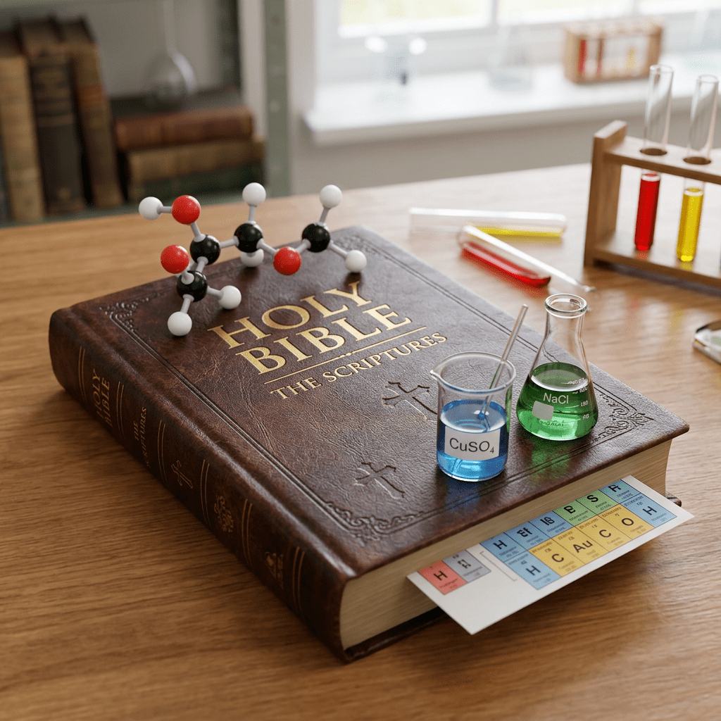 Holy Bible with chemistry beakers, molecular model, and periodic table card on a wooden table