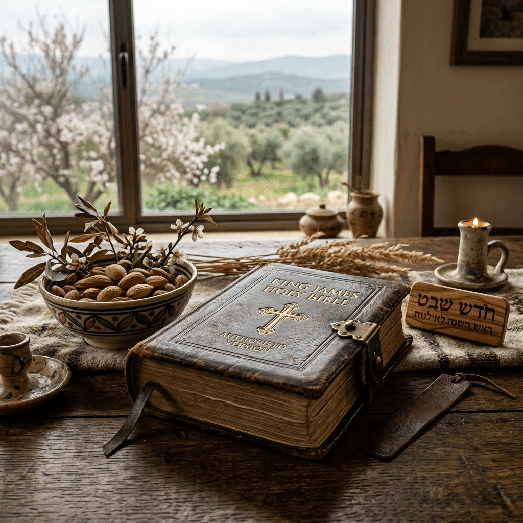 Old Hebrew book with Star of David, bowl of almonds with blossoms, lit candle, and wooden sign with Hebrew text on wooden table