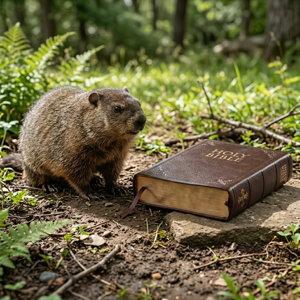 Groundhog standing on wooden table next to closed Holy Bible with brown cover