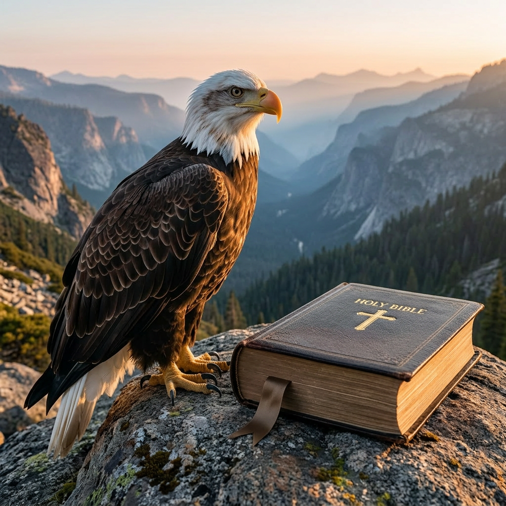 Bald eagle standing on a rock next to a closed Holy Bible with a mountain valley background