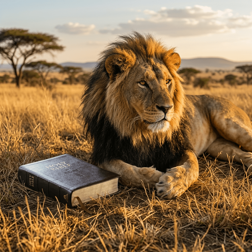 A lion lying on dry grass next to a closed Holy Bible with a cross on the cover