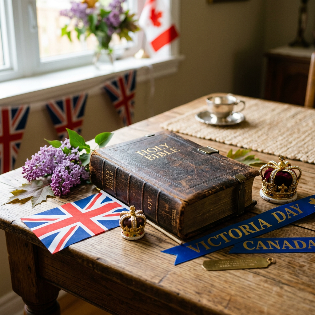 Old Holy Bible with British flag, miniature crowns, and Victoria Day ribbons on a wooden table