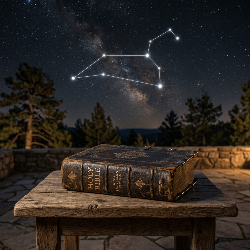 Worn Holy Bible on wooden table with constellation in night sky