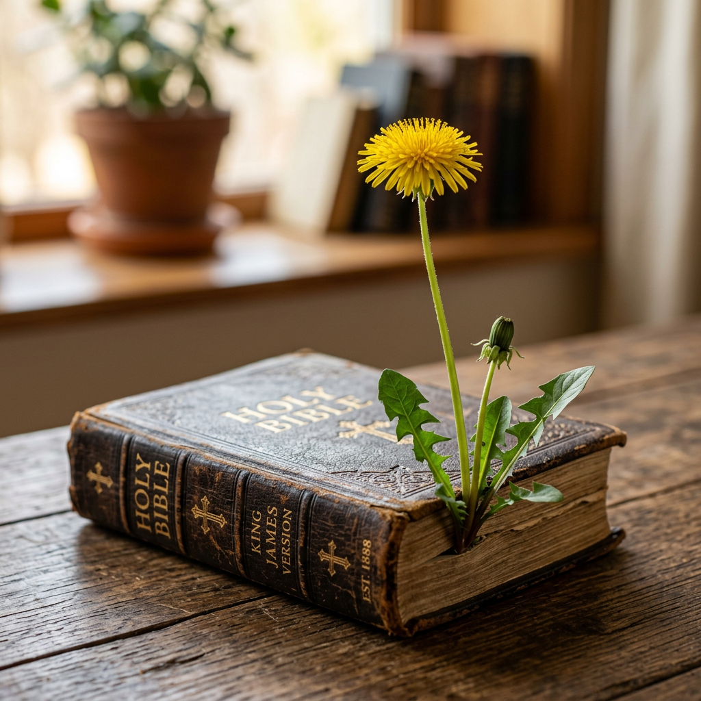 Yellow dandelion flower growing through a closed King James Version Bible on a wooden surface