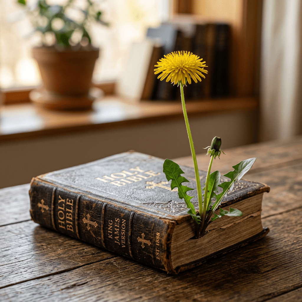 Yellow dandelion flower growing through a closed King James Version Bible on a wooden surface