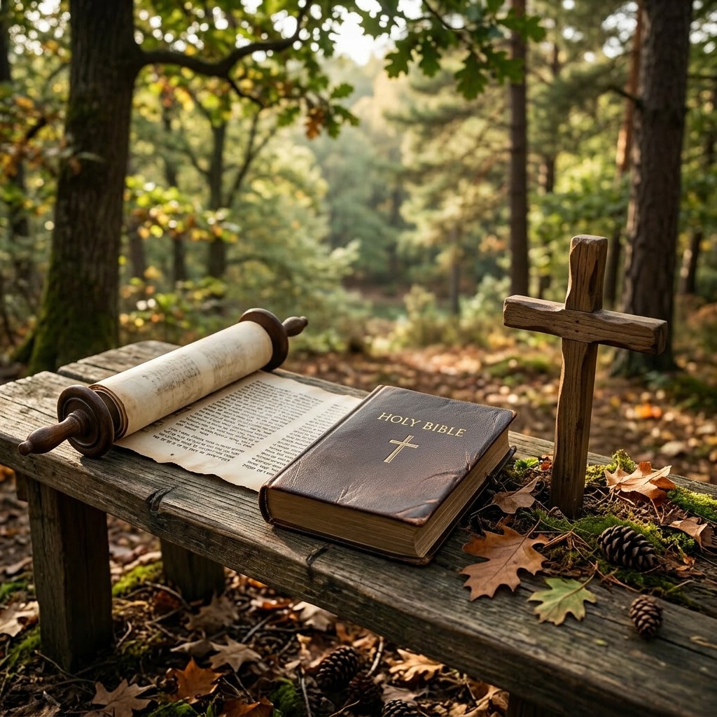 Holy Bible, scroll, and wooden cross on a bench in forest setting