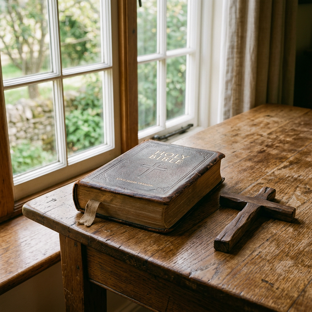 Worn Holy Bible with cross on wooden table near window