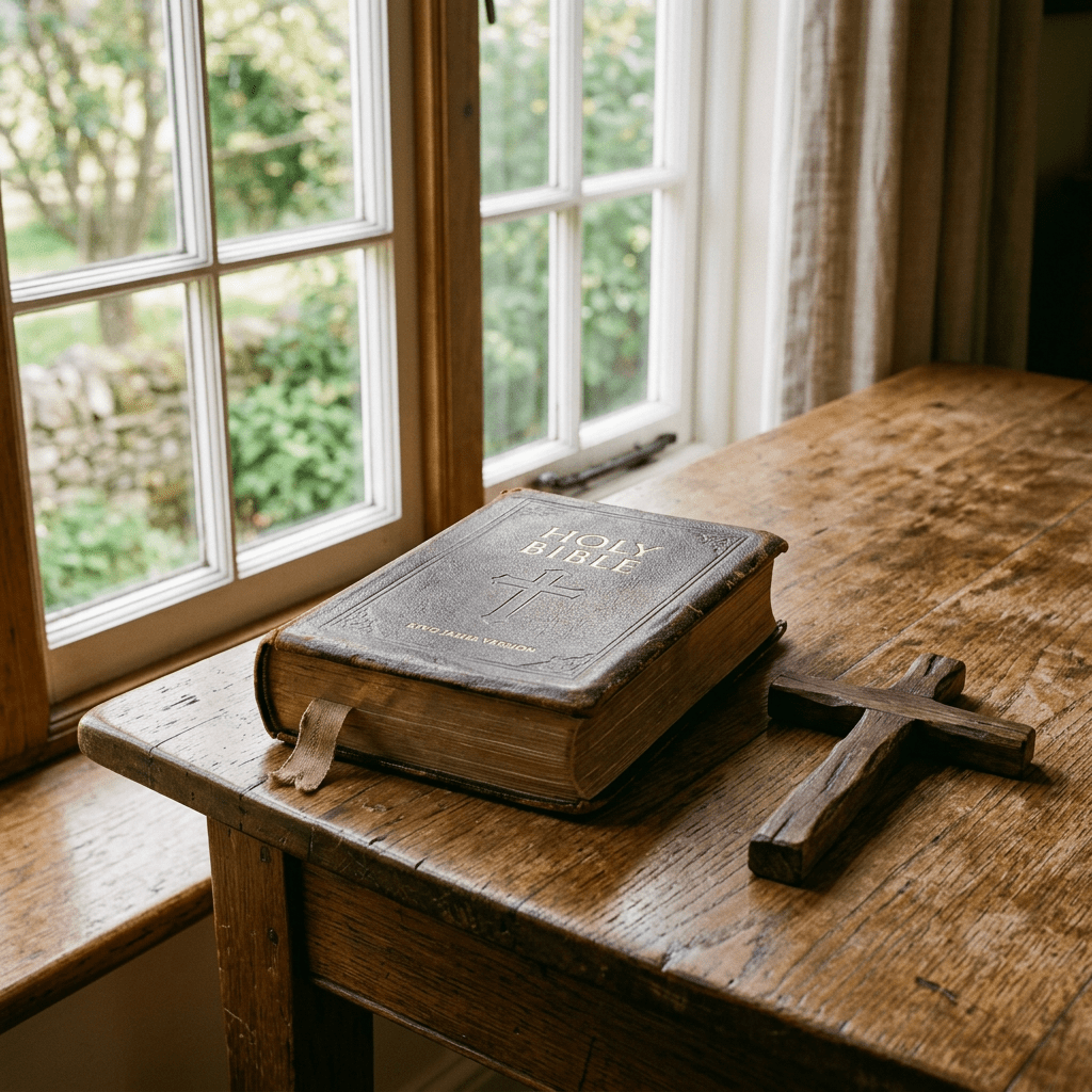 Worn Holy Bible with cross on wooden table near window