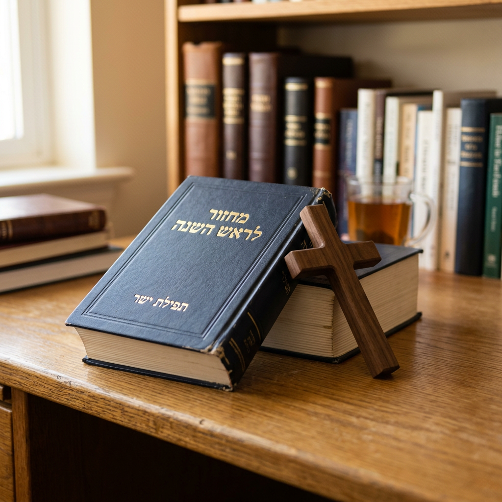 Hebrew prayer book with gold text and wooden Christian cross on a desk