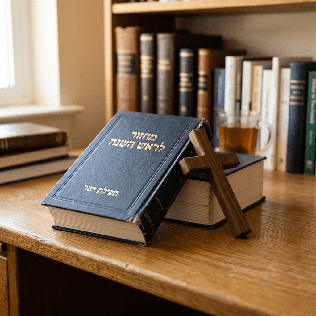Hebrew prayer book with gold text and wooden Christian cross on a desk
