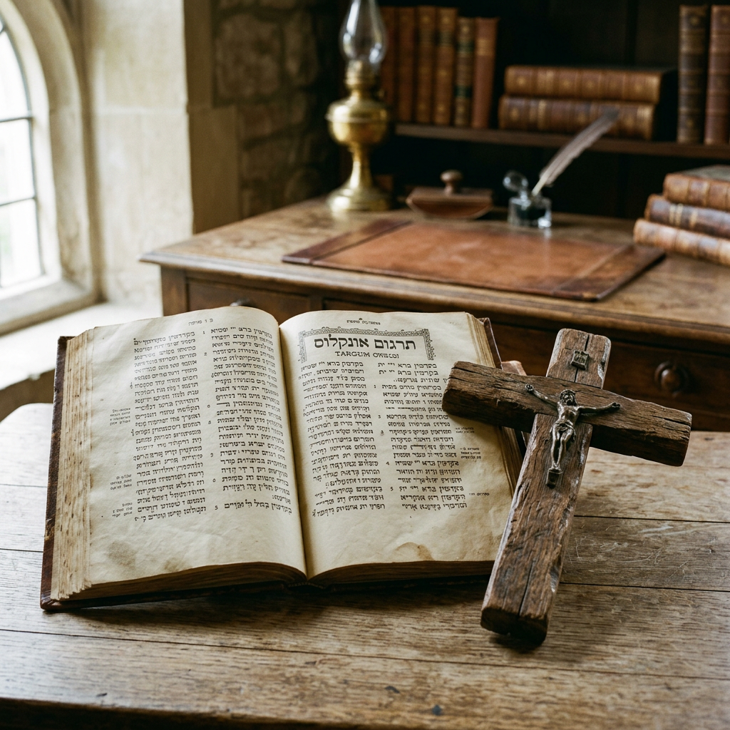 Open antique religious book with Hebrew text beside wooden crucifix on table