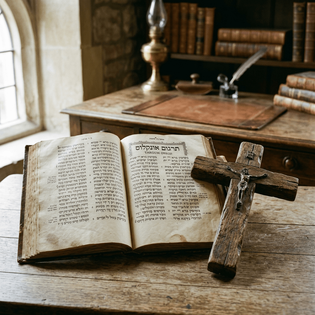 Open antique religious book with Hebrew text beside wooden crucifix on table
