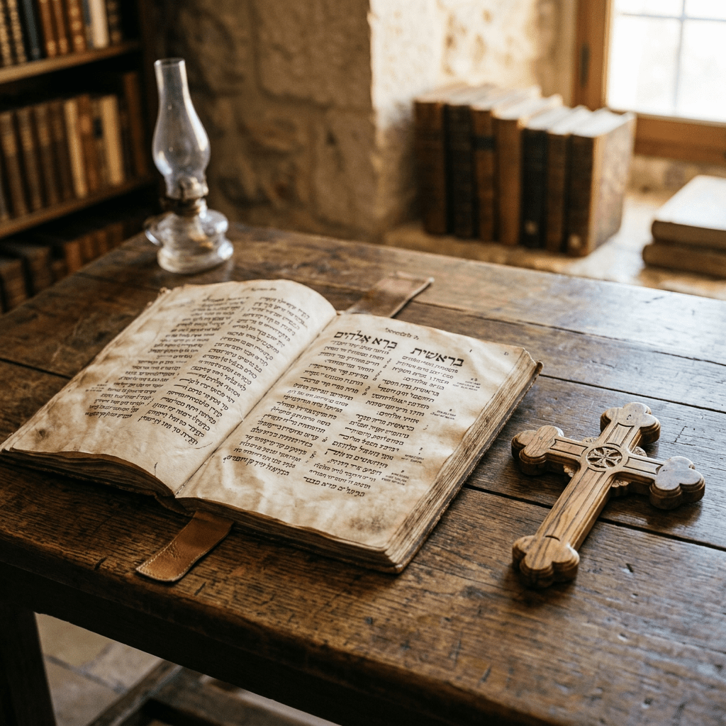 Open ancient Hebrew book with wooden cross on aged wooden table