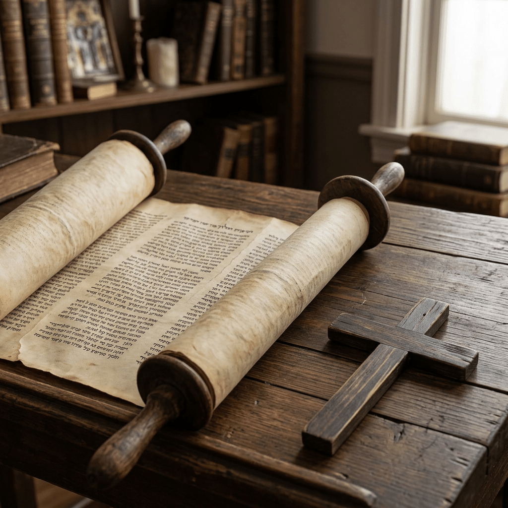 Unrolled Torah scroll with Hebrew text and a wooden cross on a wooden table