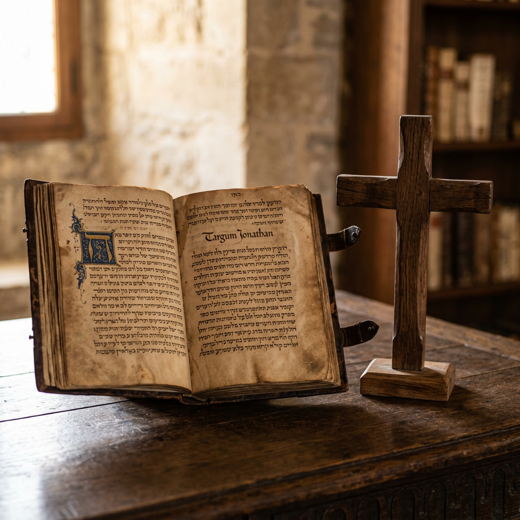 Open ancient religious book with Hebrew text and wooden cross on table