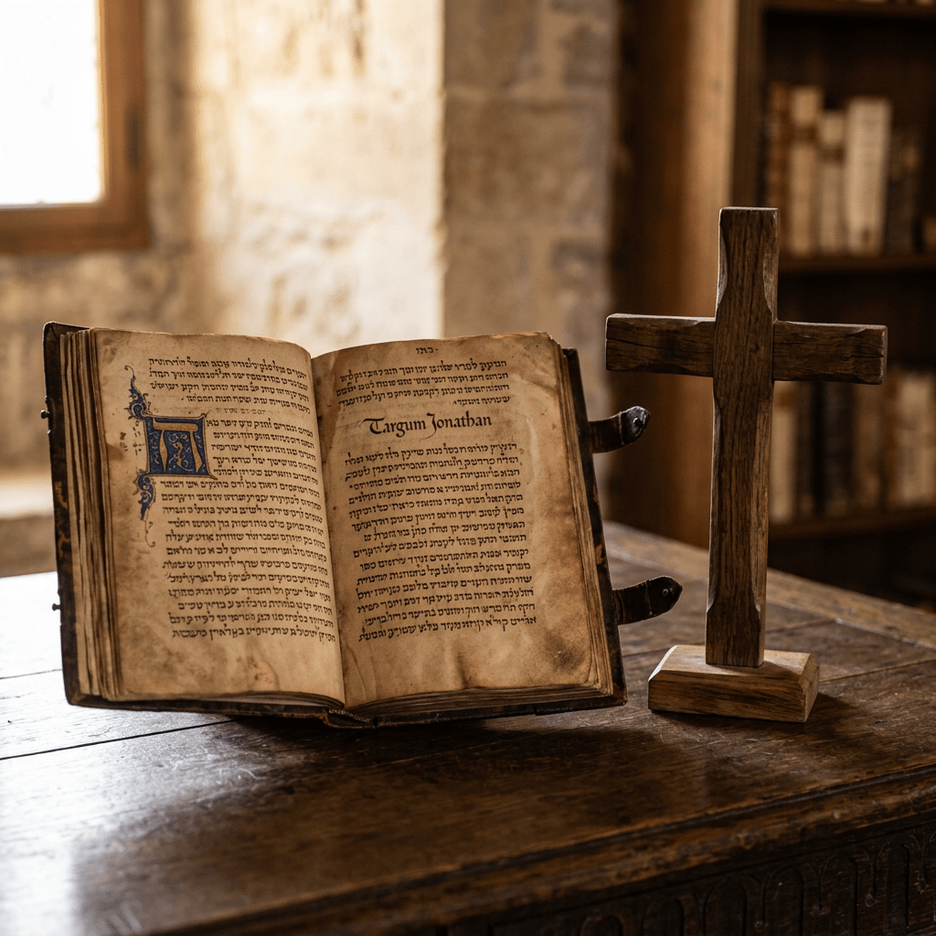 Open ancient religious book with Hebrew text and wooden cross on table