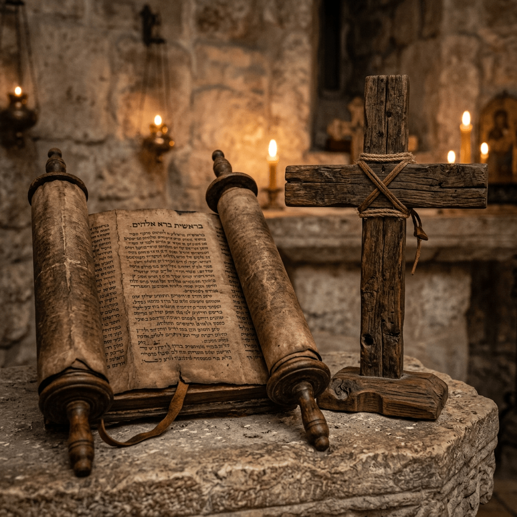 Ancient Torah scroll opened with Hebrew text and a wooden Christian cross tied with rope
