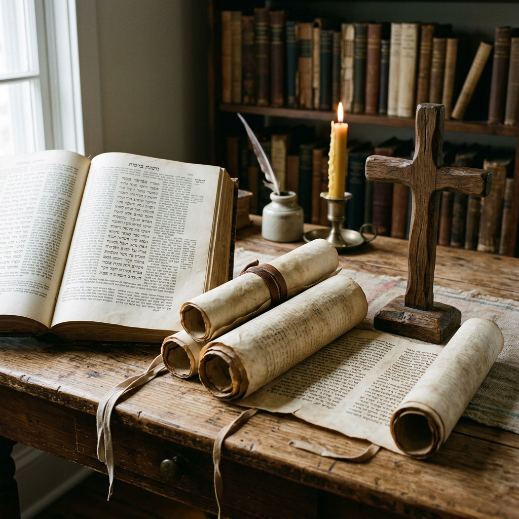 Open Hebrew religious book, rolled scrolls, wooden cross, lit candle on wooden desk