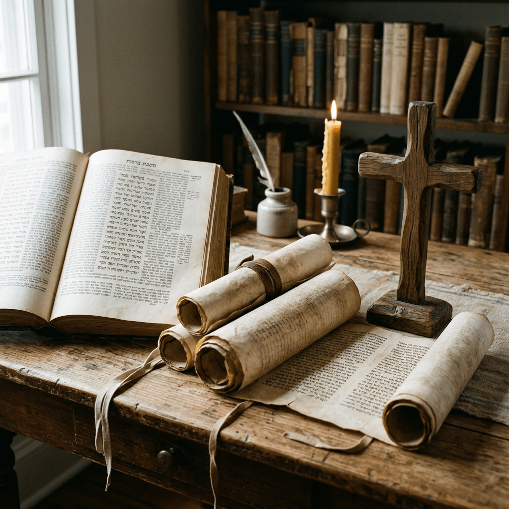 Open Hebrew religious book, rolled scrolls, wooden cross, lit candle on wooden desk