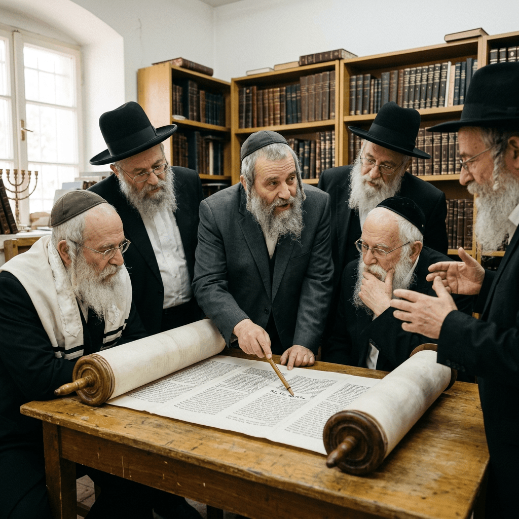 Jewish men studying and discussing a Torah scroll in a library