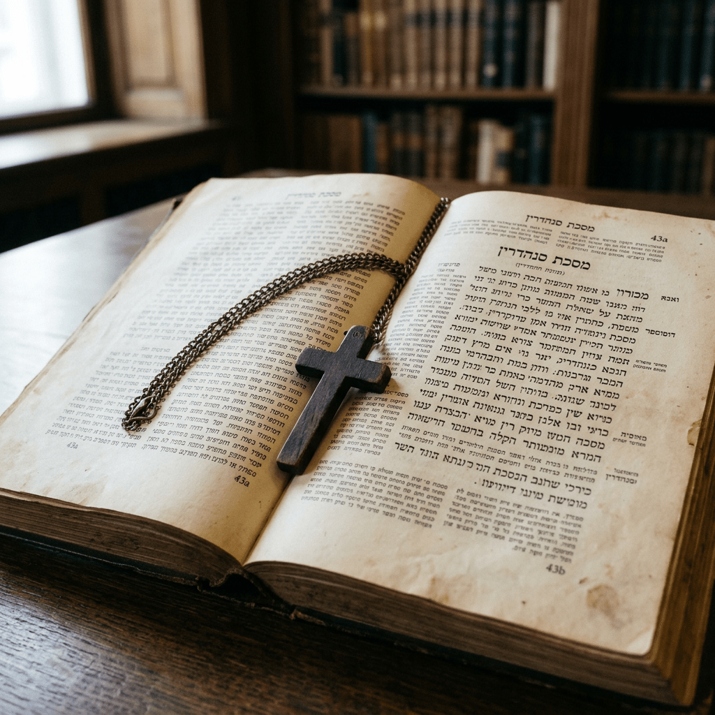 Wooden cross necklace placed on open Hebrew text book pages